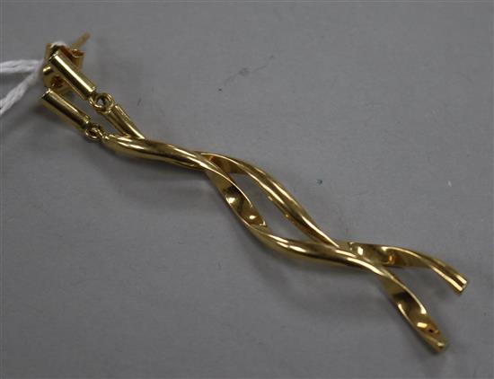 A pair of 18ct gold wavy drop earrings, 57mm.